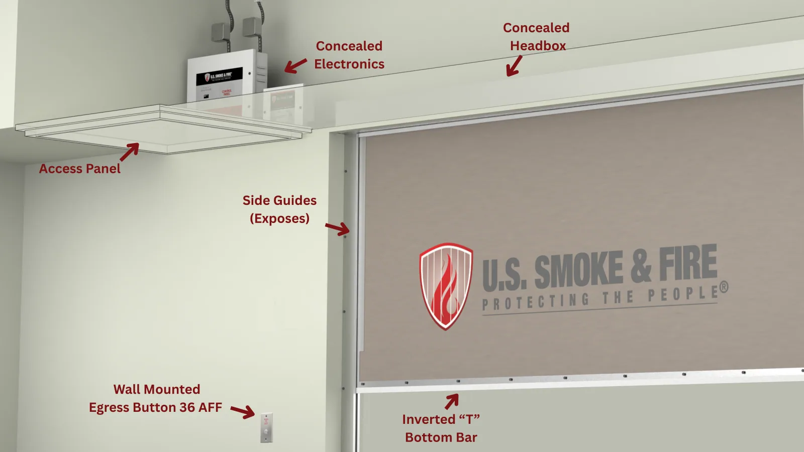 Hose Stream 120 — Fire smoke curtain deployed across a rated opening, front view, with the headbox and control panel concealed above the ceiling