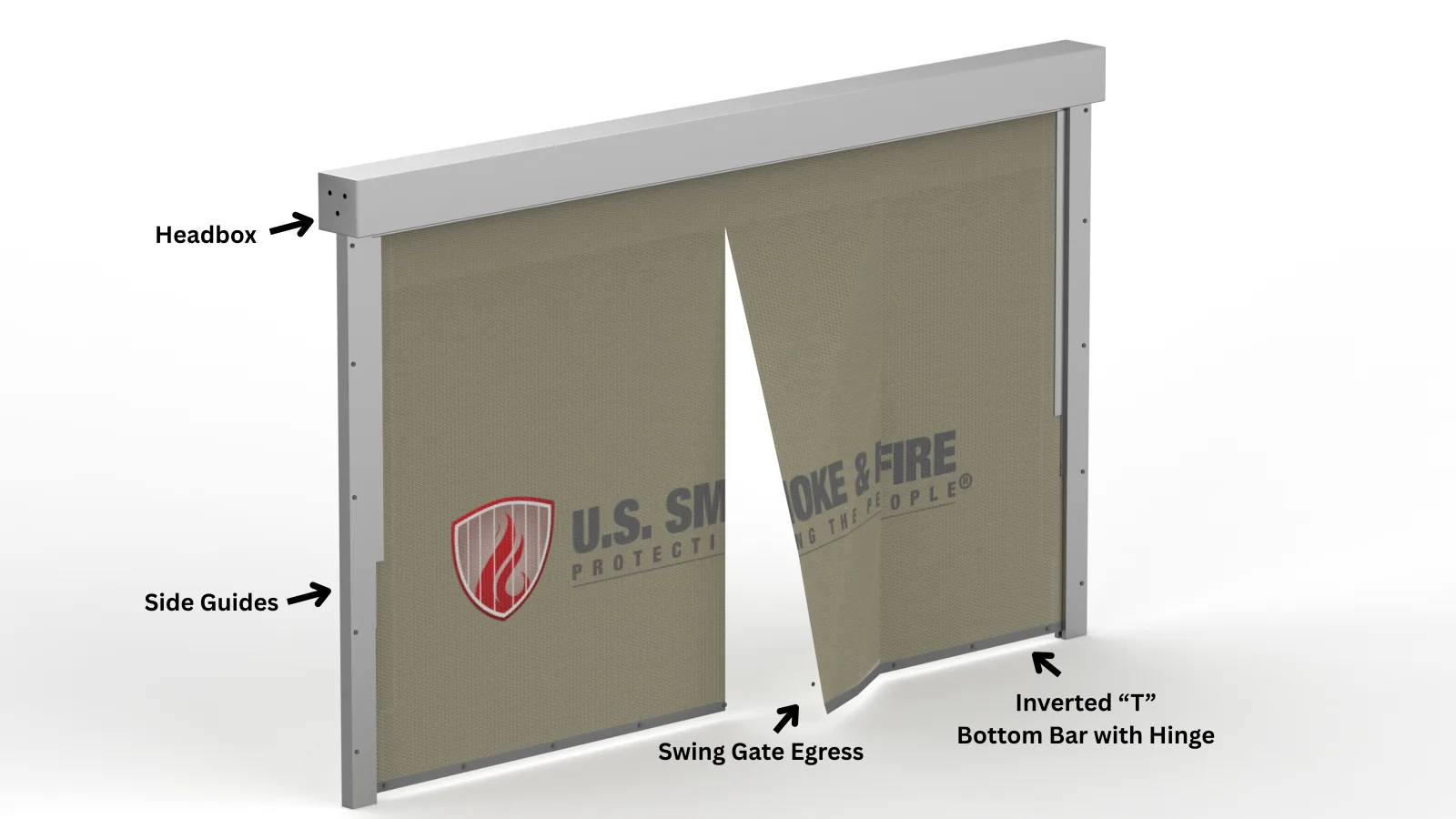 SD240GS 3Hr with Door / Pass-Through Slot — Curtain with overlapping center panels parted to form an egress path through the deployed curtain