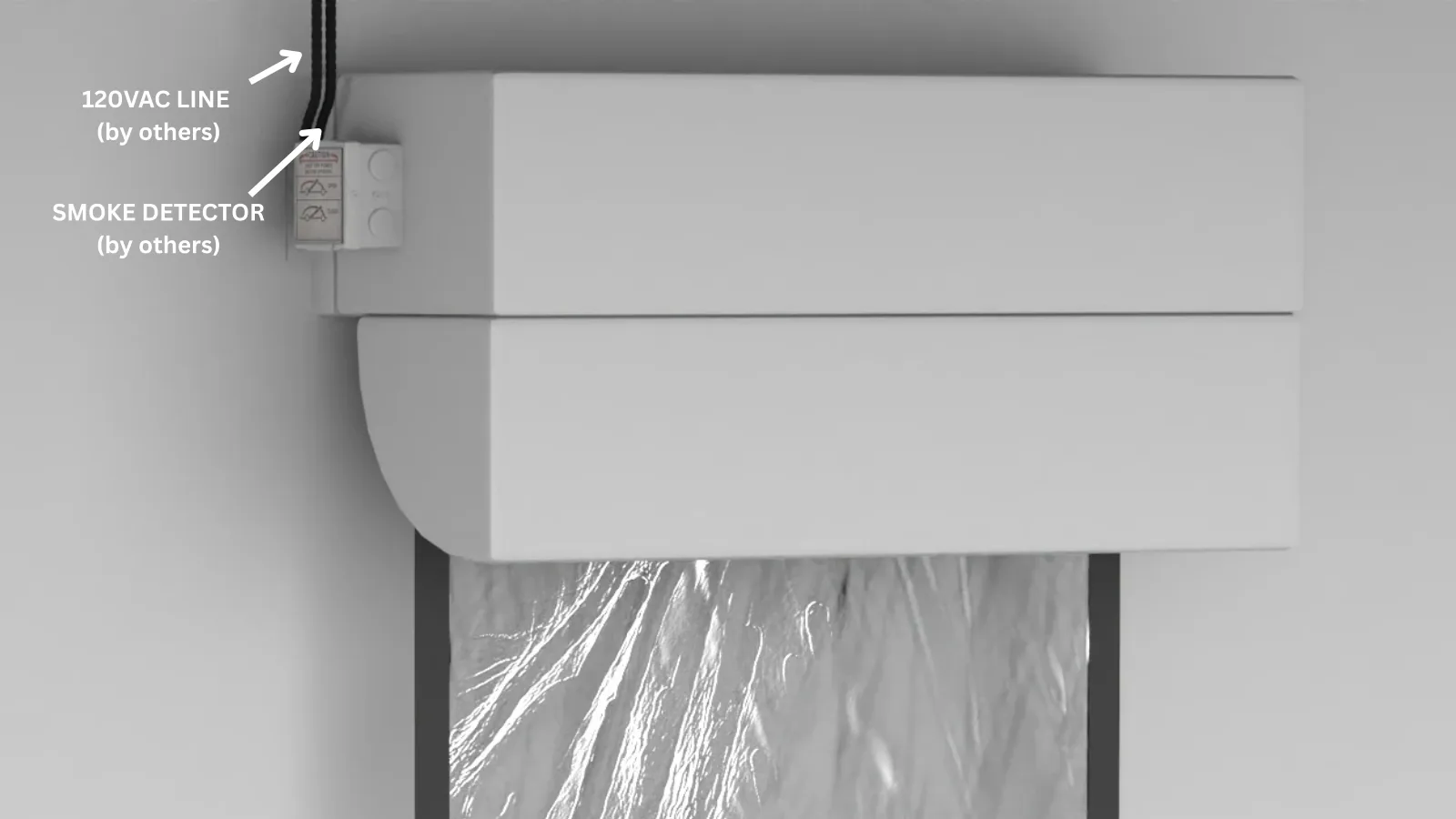 Elevator smoke curtain deployed over an elevator door, showing the cable-guided bottom bar and side guides