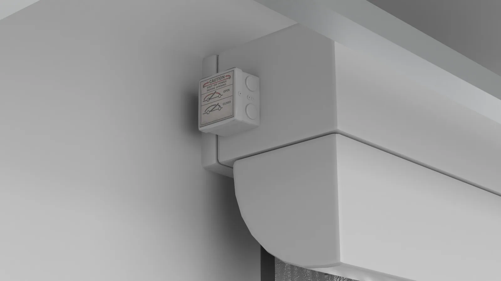 Close-up of the elevator smoke curtain headbox mounted above the elevator door frame