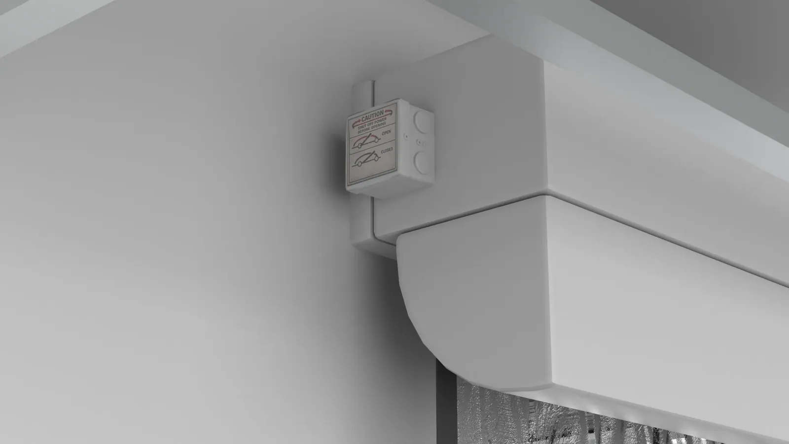 Close-up render of a fire curtain head box mounted at the ceiling line